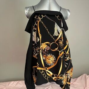 SHEIN Black Cold-Shoulder Blouse with Gold Chain Print and Tassel Motifs